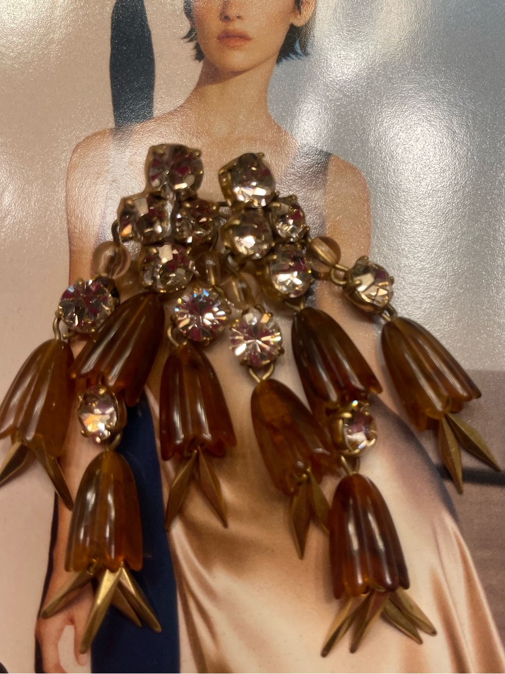 Vintage-J.Crew Style Amber Drop Earrings with Clear Crystal Accents